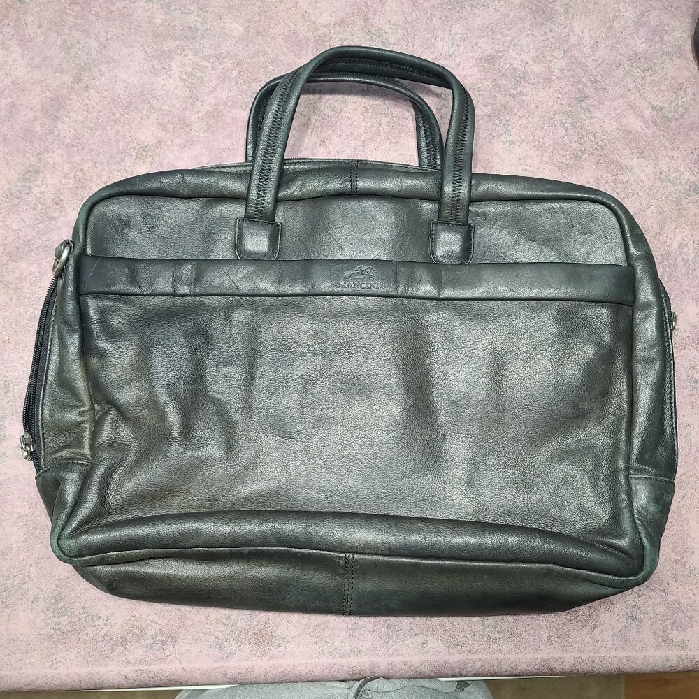 Mancini "Buffalo" Leather laptop briefcase. Double compartment Black/Green